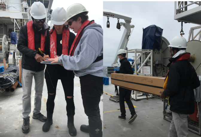 Left: 3 marine science students record the details necessary prior to deployment of an ocean monitoring argo float. Right: 2 people carry a long large cardboard box containing the ocean monitoring argo float across the back deck of RV Investigator