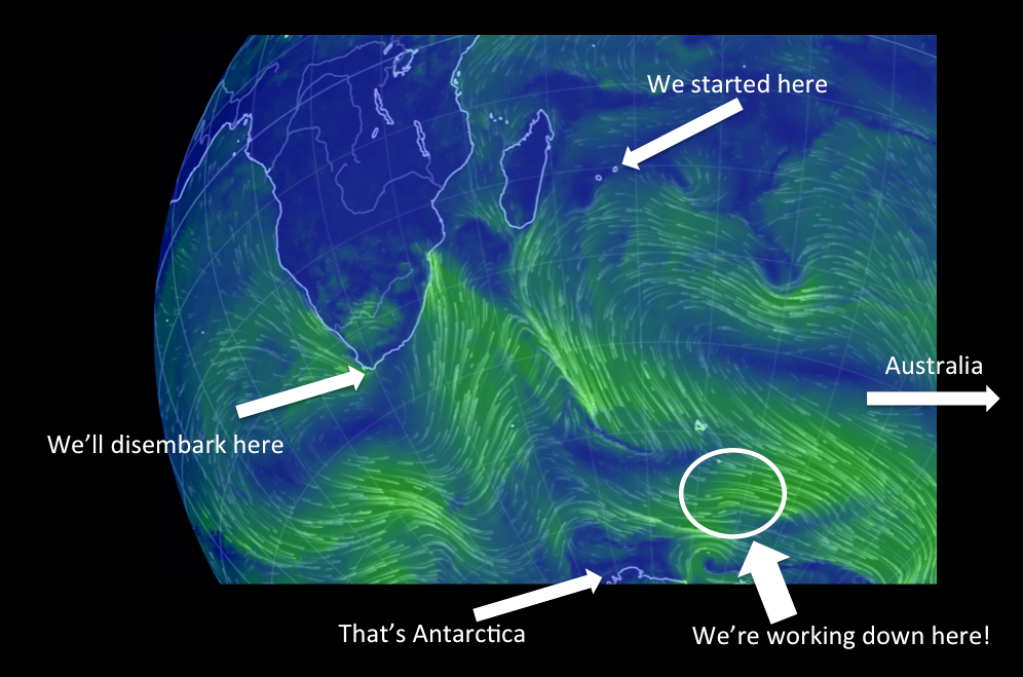 Wind map from nullschoolearth showing wind conditions at one point during the voyage. Annotated to show Mauritius (start point), Kerguelen (field site), and Cape Town (end point).
