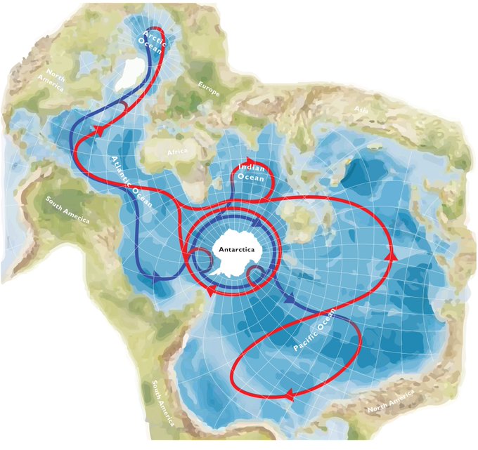 Map centered around Antarctica with simplified ocean currents illustrated using arrows.  Main feature is the current going all the way around the globe in the Southern Ocean, the Antarctic Circumpolar Current.