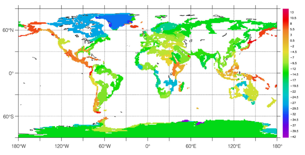 World map with the edges of all continents color coded for their average neodymium isotopic value showing the least radiogenic (most negative) values around the North Atlantic on Greenland and Canada and the most positive values around the Pacific Ocean including from Alaska, Japan, and Central America.