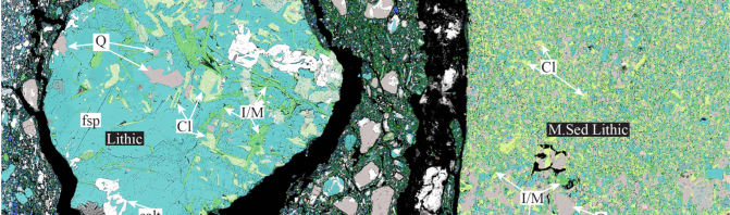 SEM-EDS image with mineral map overlay showing a feldspar rich piece of ice rafted debris and a chlorite rich piece of ice rafter debris with smaller clay and quartz rich sediments surrounding them.