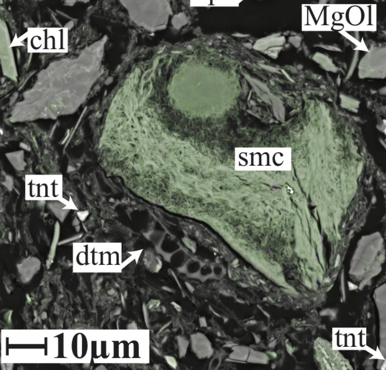 SEM image of an incipient glauconite grain about 40 micrometers in diameter and consisting mainly of smectite. An elemental overlay shows iron in green and demonstrates that most of the iron in this marine sediment sample is associated with the glauconite pellet (authigenic clay).