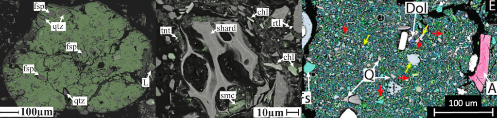 3 SEM images with elemental overlay (left and center) and mineral map overlay (right) to display some of the key sedimentary components considered in the reactive-transport model we used to constrain the ocean cycling of neodymium including authigenic clays (left), volcanic glass shard (center) and clay minerals/phosphates/non reactive silicates (right). 